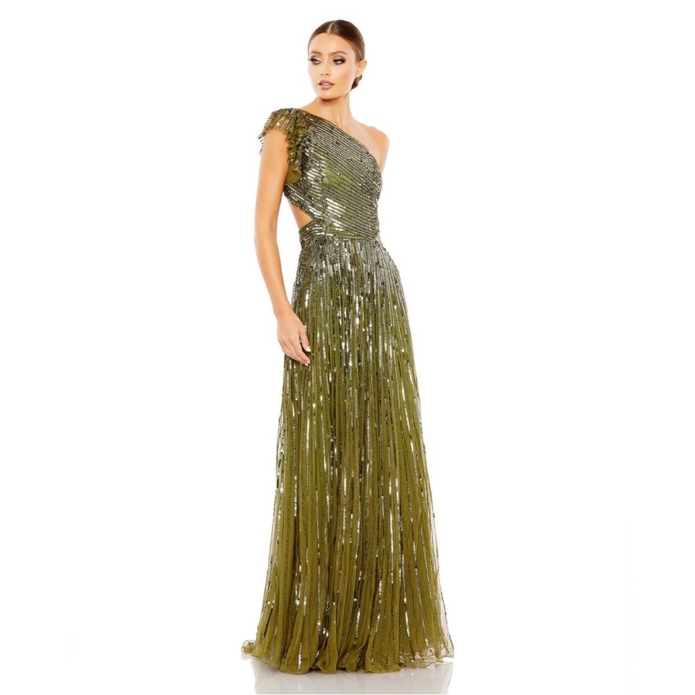 NWT Mac Duggal Green Sequined One Shoulder Flutter Sleeve A Line Gown 5565